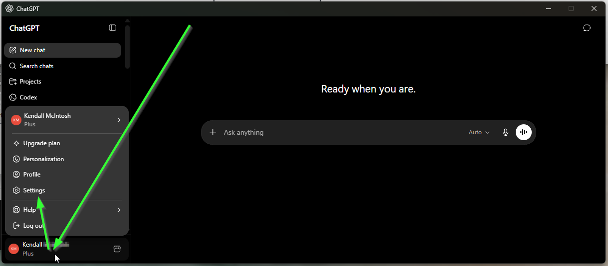 Clicking on profile picture to access ChatGPT settings