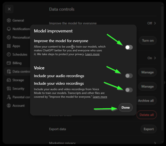 Navigating to the Data Controls tab in ChatGPT settings