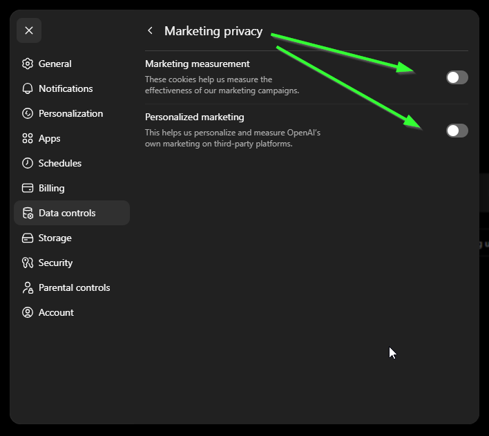 Toggling off Chat history and training